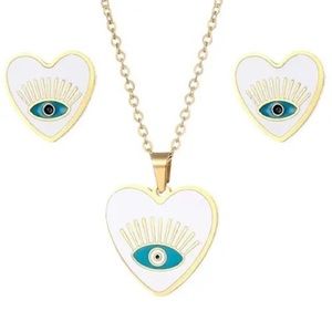 Evil Eye Emmy Stainless Steel White Heart Eye Necklace & Earring Set